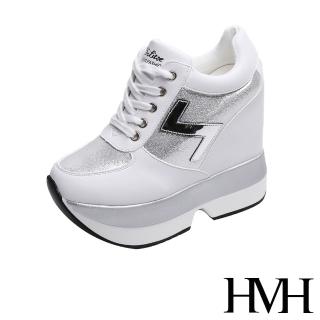 【HMH】璀璨亮面金屬皮革拼接閃電造型內增高厚底休閒鞋(白)