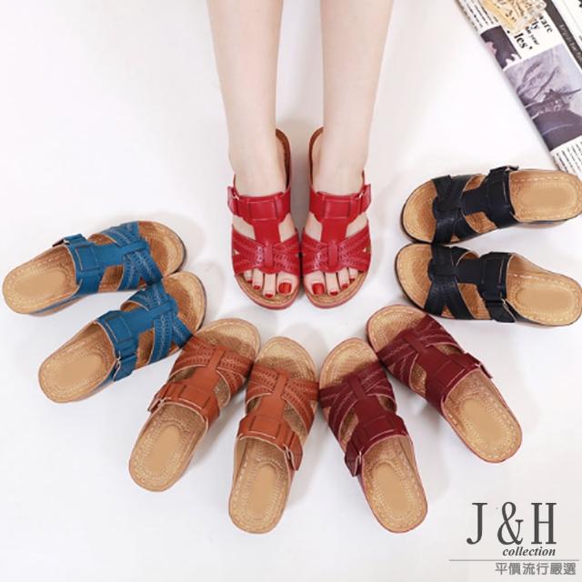 【J&H collection】歐美手工細緻車線防滑坡跟拖鞋(現+預  黑色 / 紅色 / 藍色 / 棕色 / 酒紅)