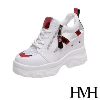【HMH】時尚運動風亮皮拼接縷空造型內增高時尚休閒鞋(紅)