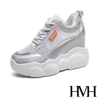【HMH】時尚透氣縷空網布拼接厚底內增高個性休閒鞋(銀)