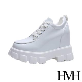 【HMH】時尚質感亮皮運動風粗跟厚底造型內增高休閒鞋(白)