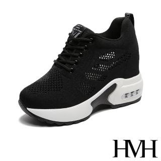 【HMH】彈力舒適縷空飛織綁帶造型厚底內增高氣墊休閒鞋(黑)
