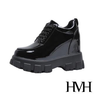 【HMH】時尚質感亮皮運動風粗跟厚底造型內增高休閒鞋(黑)
