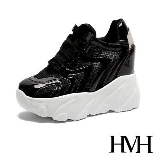 【HMH】時尚流線亮皮網布拼接厚底內增高百搭休閒鞋(黑)