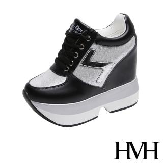 【HMH】璀璨亮面金屬皮革拼接閃電造型內增高厚底休閒鞋(黑)