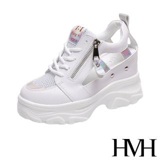 【HMH】時尚運動風亮皮拼接縷空造型內增高時尚休閒鞋(白)