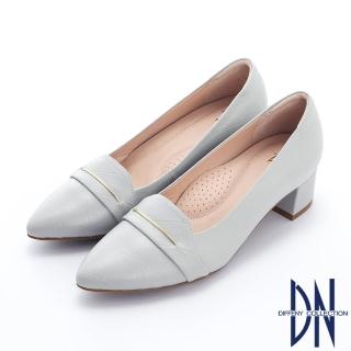 【DN】跟鞋_MIT素面壓紋金屬線條裝飾真皮粗跟鞋(灰)