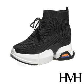 【HMH】舒適彈力飛織綁帶造型厚底內增高時尚休閒鞋(黑)