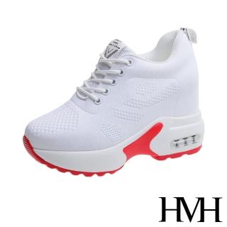 【HMH】舒適透氣飛織英文印字織帶拼接氣墊內增高厚底休閒鞋(白紅)