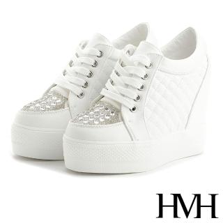 【HMH】時尚璀璨方晶美鑽菱格紋時尚厚底內增高美腿休閒鞋(白)