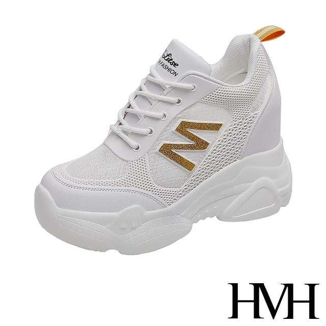 【HMH】立體滴塑金蔥M字時尚造型厚底內增高休閒鞋(金)