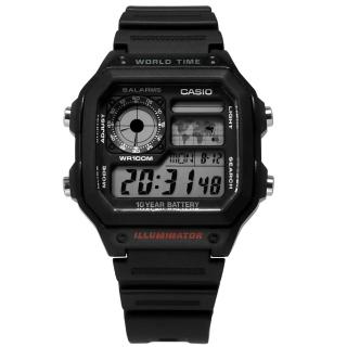 【CASIO 卡西歐】電子液晶 計時碼錶 世界時間 防水100米 橡膠手錶 黑色 40mm(AE-1200WH-1A)