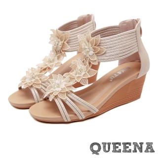 【QUEENA】羅馬涼鞋 楔型涼鞋/唯美立體紗花線繩拼接造型坡跟羅馬涼鞋(杏)