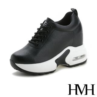 【HMH】真皮舒適輕量厚底氣墊內增高純色百搭休閒鞋(黑)