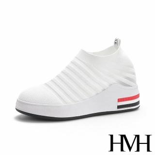 【HMH】美腿內增高透氣網面飛織拼接時尚厚底休閒鞋(白)