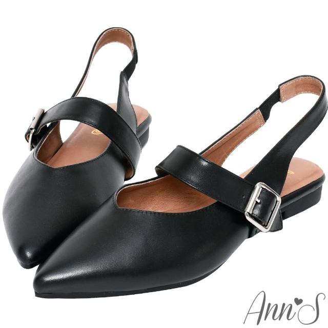 【Ann’S】寬肉腳板OK拉帶可調尖頭柔軟真皮平底鞋-版型偏小(黑)