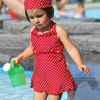 【Playshoes】抗UV防曬兒童連身泳裝-復古波點裙(認證UPF50 洋裝式泳衣)