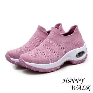 【HAPPY WALK】氣墊休閒鞋 厚底休閒鞋/舒適透氣飛織襪套式機能氣墊運動鞋(粉)