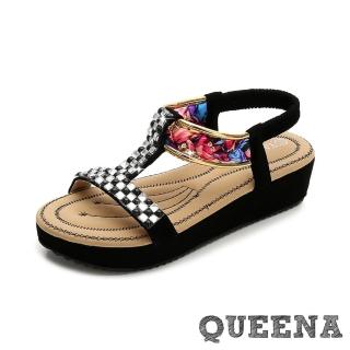 【QUEENA】厚底涼鞋 T字涼鞋/波希米亞民族風方晶珠飾拼貼造型舒適厚底涼鞋(黑)