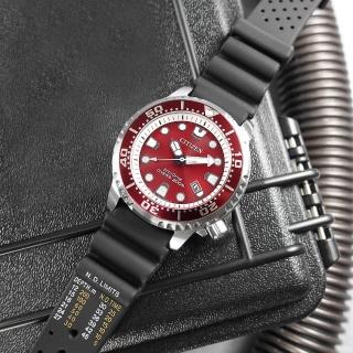 【CITIZEN 星辰】PROMASTER 光動能 紅水鬼 潛水錶 防水200米 日期 橡膠手錶 紅黑色 44mm(BN0159-15X)