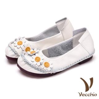 【Vecchio】真皮頭層牛皮手工縫線花朵裝飾低跟舒適單鞋(白)