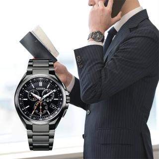 【CITIZEN 星辰】光動能萬年曆電波三眼計時手錶-黑 送行動電源 畢業禮物(CB5045-60E)