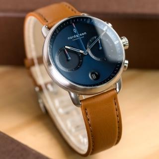 【Nordgreen】ND手錶 先鋒 Pioneer 42mm 月光銀殼×藍面 復古棕真皮錶帶(PI42SILEBRNA)