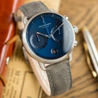 【Nordgreen】ND手錶 先鋒 Pioneer 42mm 月光銀殼×藍面 煙灰真皮錶帶(PI42SILEGRNA)
