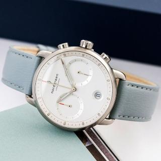 【Nordgreen】ND手錶 先鋒 Pioneer 42mm 月光銀殼×白面 霧霾藍純素皮革錶帶(PI42SIVEDOXX)