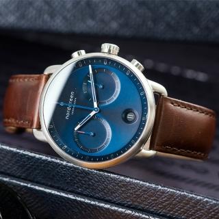 【Nordgreen】ND手錶 先鋒 Pioneer 42mm 月光銀殼×藍面 深棕真皮錶帶(PI42SILEDBNA)