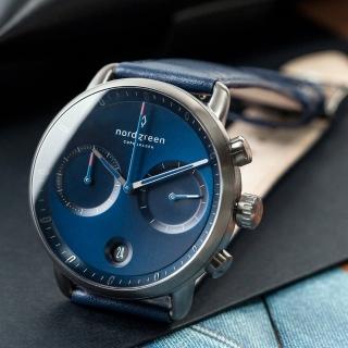 【Nordgreen】ND手錶 先鋒 Pioneer 42mm 深空灰殼×藍面 北歐藍真皮錶帶(PI42GMLENANA)