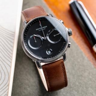 【Nordgreen】ND手錶 先鋒 Pioneer 42mm 深空灰殼×黑面 復古棕真皮錶帶(PI42GMLEBRBL)