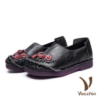 【Vecchio】真皮頭層牛皮花兒朵朵手工縫線舒適低跟樂福鞋(5色任選)