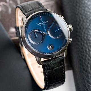 【Nordgreen】ND手錶 先鋒 Pioneer 42mm 深空灰殼×藍面 極夜黑鱷魚紋真皮錶帶(PI42GMLEBCNA)