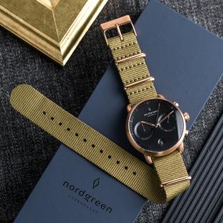 【Nordgreen】ND手錶 先鋒 Pioneer 42mm 玫瑰金殼x黑面 波西米亞綠尼龍腕錶(PI42RGNYAGBL)