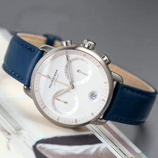 【Nordgreen】ND手錶 先鋒 Pioneer 42mm 月光銀殼×白面 北歐藍純素皮革錶帶(PI42SIVENAXX)
