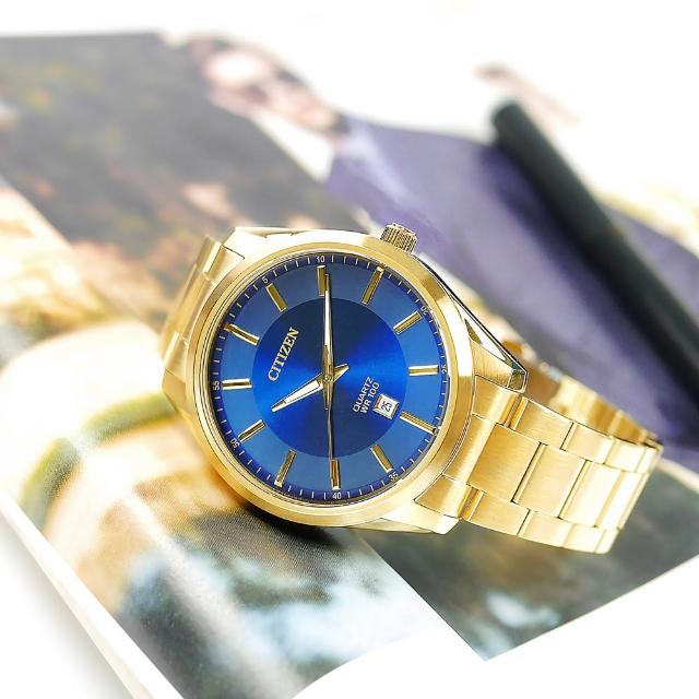【CITIZEN 星辰】簡約時尚 礦石強化玻璃 日期 防水100米 日本機芯 不鏽鋼手錶 藍x鍍金 42mm(BI1032-58L)