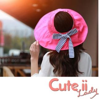 【Cute ii Lady】甜美水波圖紋空頂大帽檐可捲折外出防曬帽 遮陽帽(玫紅)