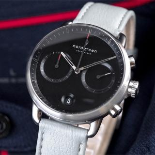 【Nordgreen】ND手錶 先鋒 Pioneer 42mm 月光銀殼×黑面 霧霾藍純素皮革錶帶(PI42SIVEDOBL)
