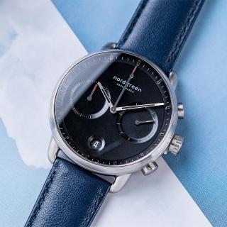 【Nordgreen】ND手錶 先鋒 Pioneer 42mm 月光銀殼×黑面 北歐藍真皮錶帶(PI42SILENABL)