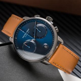 【Nordgreen】ND手錶 先鋒 Pioneer 42mm 深空灰殼×藍面 復古棕純素皮革錶帶(PI42GMVEBRNA)