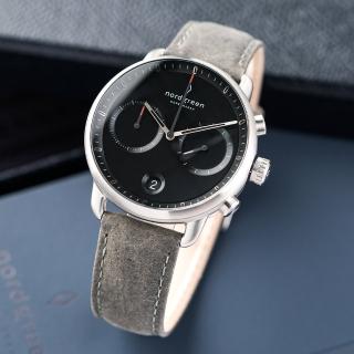 【Nordgreen】ND手錶 先鋒 Pioneer 42mm 月光銀殼×黑面 煙灰真皮錶帶(PI42SILEGRBL)