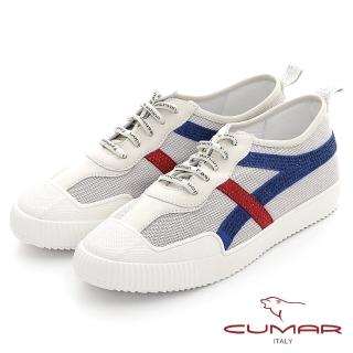 【CUMAR】真皮拼接異材質簡約線條鑽飾休閒鞋(米色)
