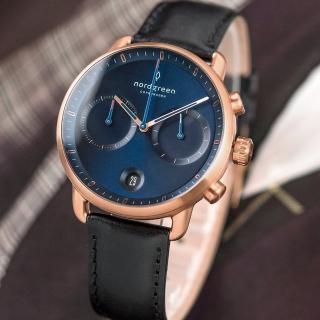 【Nordgreen】ND手錶 先鋒 Pioneer 42mm 玫瑰金殼x藍面 極夜黑真皮腕錶(PI42RGLEBLNA)