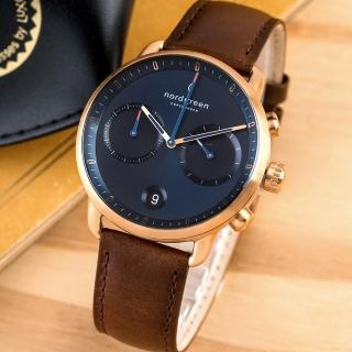 【Nordgreen】ND手錶 先鋒 Pioneer 42mm 玫瑰金殼x藍面 復古棕真皮腕錶(PI42RGLEBRNA)