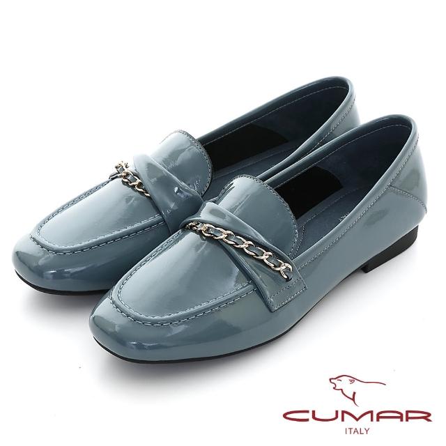 【CUMAR】素面漆皮翻摺裝飾樂福平底鞋(藍色)