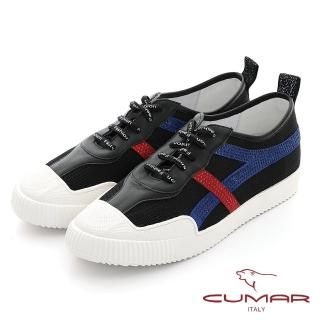 【CUMAR】真皮拼接異材質簡約線條鑽飾休閒鞋(黑色)