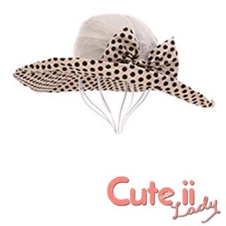 【Cute ii Lady】可摺疊大帽檐可愛圓點蝴蝶結防曬遮陽帽(卡其)