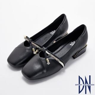 【DN】跟鞋_異材質拼接蝴蝶結真皮素面低跟鞋(黑)