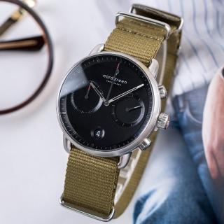 【Nordgreen】ND手錶 先鋒 Pioneer 42mm 月光銀殼×黑面 波希米亞綠尼龍錶帶(PI42SINYAGBL)